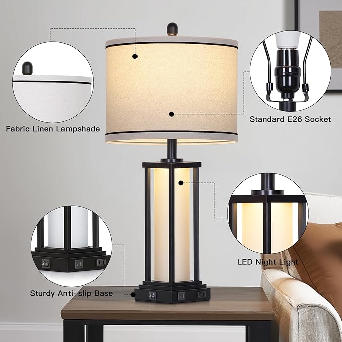 27in Tall Farmhouse Table Lamp Set of 2 with USB C+A & Outlet,Black Industrial End Table Lamp for Living Room,Vintage Rustic Bedside Lamps with Night Light for Bedroom Nightstand,Black