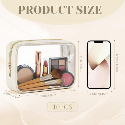 Abbylike 10 Pcs Clear Makeup Bags Bulk PU Leather Portable Travel Cosmetic Case Small Toiletry Bag with Zipper Car Console Organizer Waterproof Pouch for Women Birthday Gifts (Light Beige)