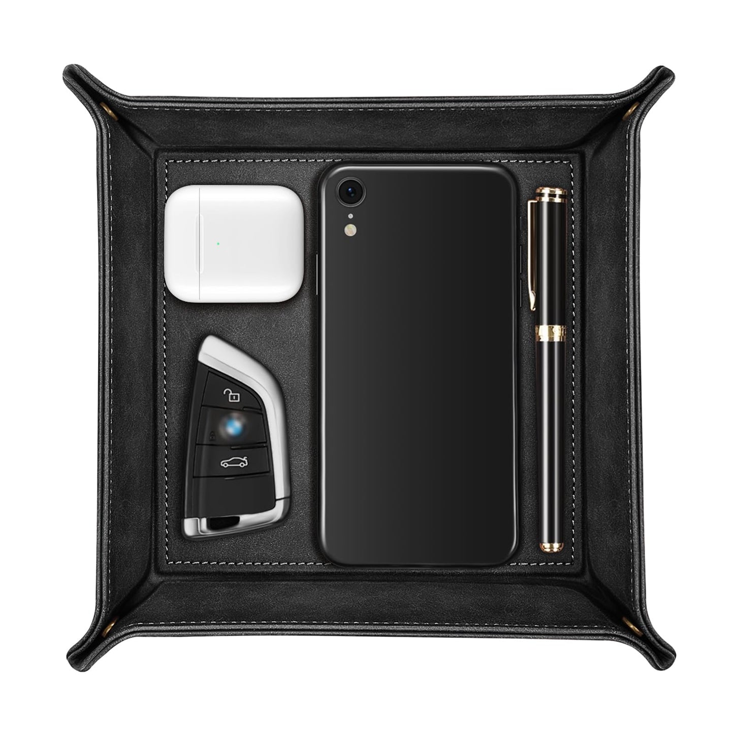 SITHON Valet Tray Desktop Storage Organizer – Premium PU Leather Catchall Bedside Vanity Tray Nightstand Caddy Holder for Keys, Phone, Wallet, Coin, Jewelry, Valentine's Day Gift, Black