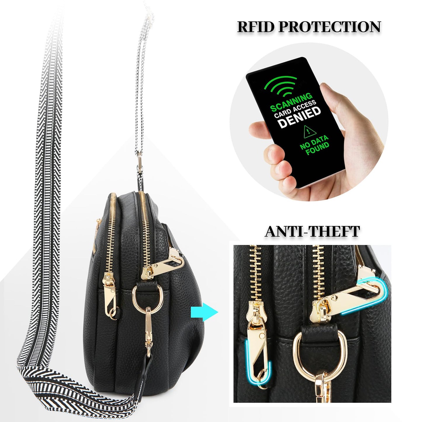 HILAEX Crossbody Bag for Women Leather Purse Anti Theft Multi Pockets Wide Adjustable Strap Shoulder Handbag RFID Blocking Black