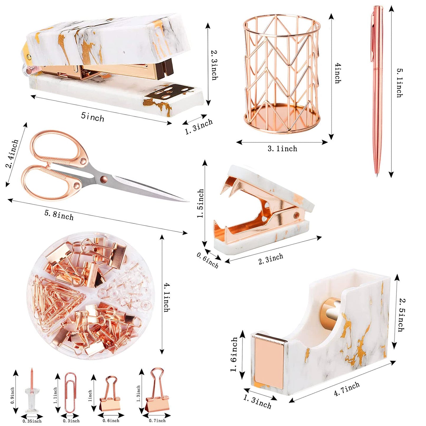 Rose Gold Marble Desk Accessories, Office Supplies Set Stapler Staple Remover, Tape Holder, Pen 2 Ballpoint Pen, Scissor, Binder Clips, Paper Clips and 1000pcs Staples
