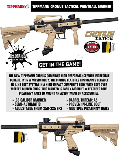 Maddog Tippmann Cronus Tactical Paintball Gun Marker and Bronze CO2 Accessory Starter Package | Comes with Marker, Anti-Fog Mask, Hopper, & 20oz CO2 Tank - Black/Tan