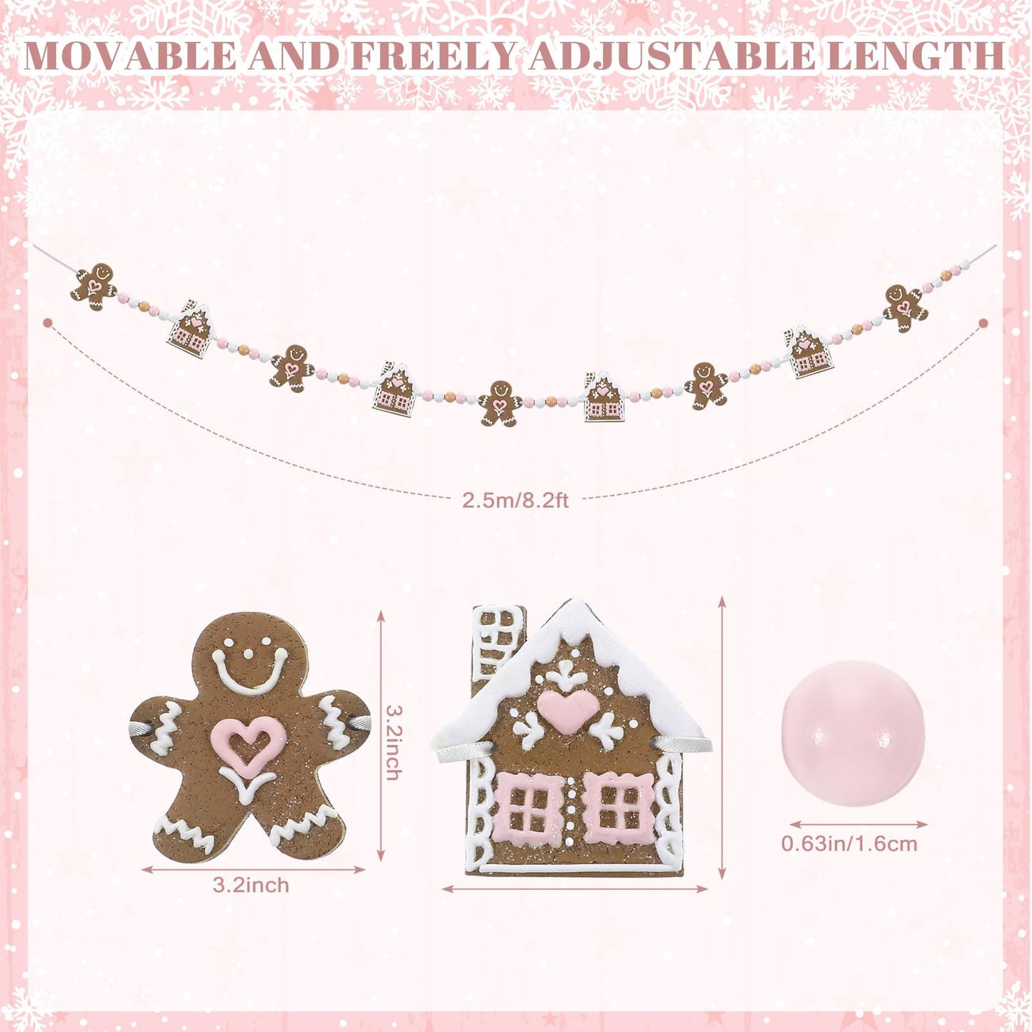 AceOrbit 8.2ft Christmas Gingerbread Man Garland Pink Polymer Clay Christmas Gingerbread Man Banner Farmhouse Xmas Wooden Beads Hanging Ornaments for Xmas Holiday Mantel Fireplace Window Wall Decor