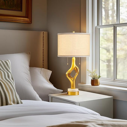 26” Modern Table Lamp Set of 2 for Living Room Bedroom, Gold Sculptural Table Lamp with 2 USB Ports, Resin Desk Lamps Marble Base with Double Pull Chains for Bedside End Tables, Bulb Included