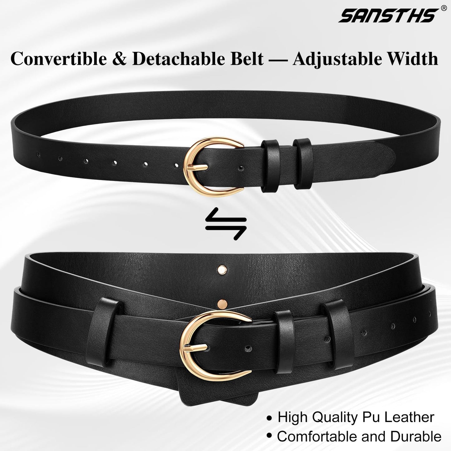 SANSTHS Belt for Women 2-in-1 Waistband for Dress Coats Pants, Women Wide Leather Belt with Fashion Buckle, Black M