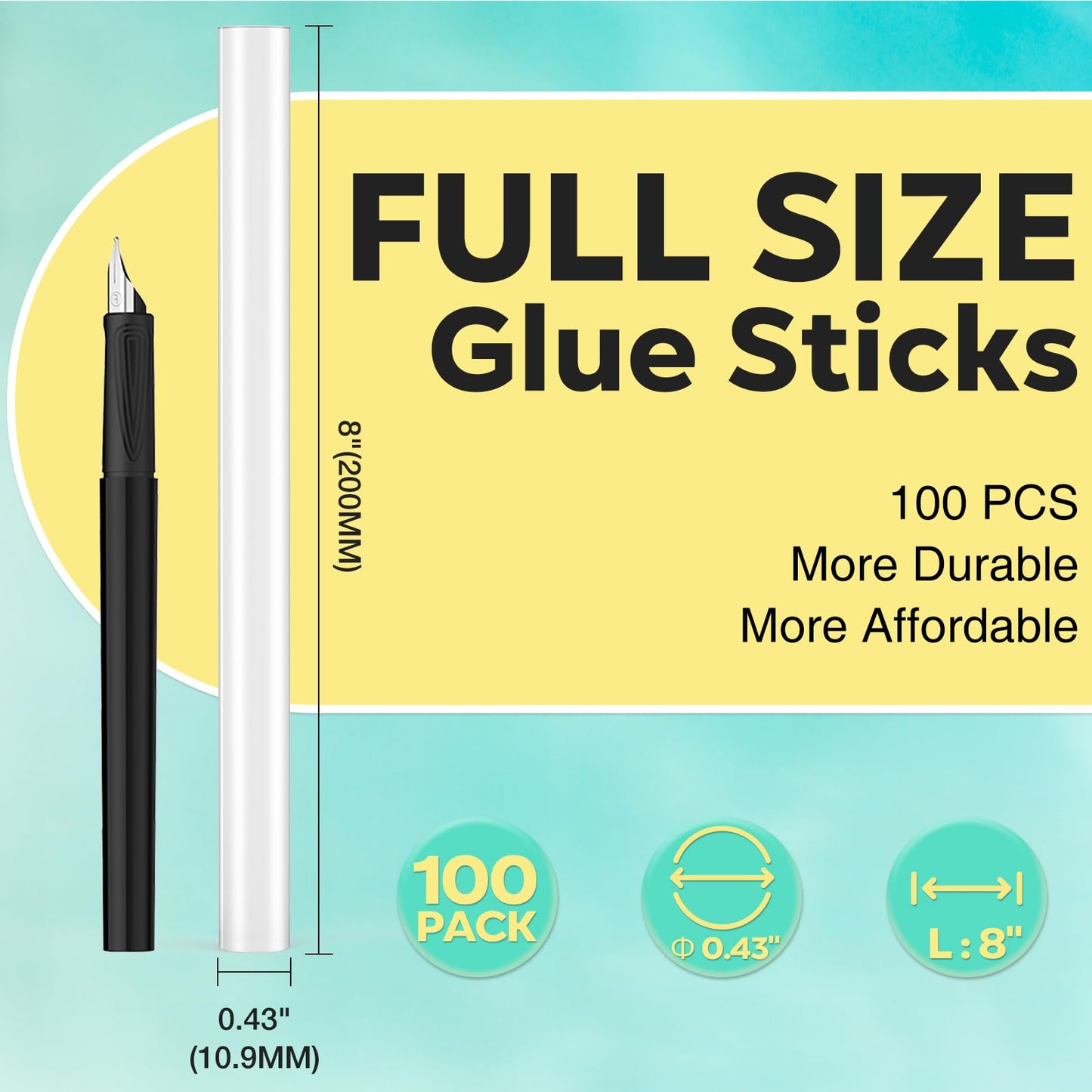 ELDVAP Clear Full Size Hot Glue Sticks 100 Pack, 0.43" x 8", All Temperature for Most Full-Size Glue Guns, Strong Adhesive for DIY Crafts, Repairs & Holiday Decorations