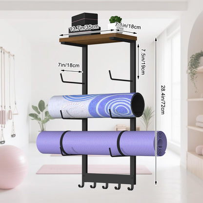 BSTSLL Yoga Mat Holder Wall Mount, Yoga Mats Storage Rack, Home Gym Wall Organizer Holder with Wood Floating Shelf and 5 Hooks, Storage Rack for Hanging Foam Roller/Band/Workout Equipment