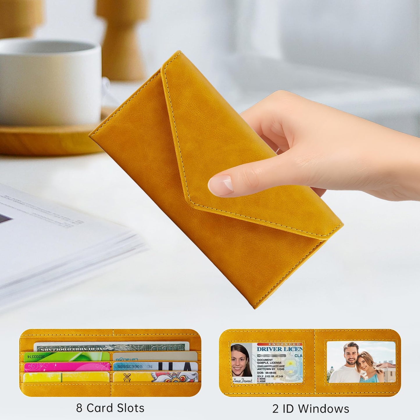 HAWEE RFID Credit Card Holder Wallets, Envelop Style, Vegan Leather, 2 ID Windows, 1 Coin Pocket, Long Clutch, Ginger
