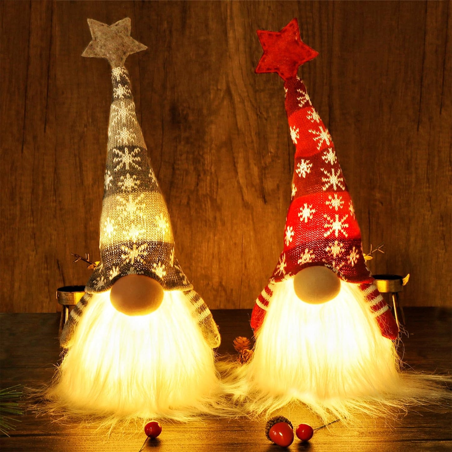 Juegoal 15" Lighted Christmas Gnome, Handmade Scandinavian Swedish Tomte, Light Up Elf Holiday Present, Battery Operated Winter Tabletop Christmas Decorations, 2 Set