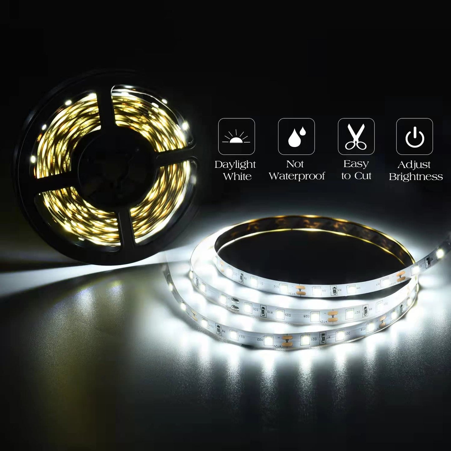JUNWEN 40ft Daylight White Led Strip Lights, 6000K 12V Dimmable Flexible Led Tape Light, Cuttable Led Lights Strip for Bedroom Christmas, Kitchen, Cabinet, Mirror, Not Waterproof