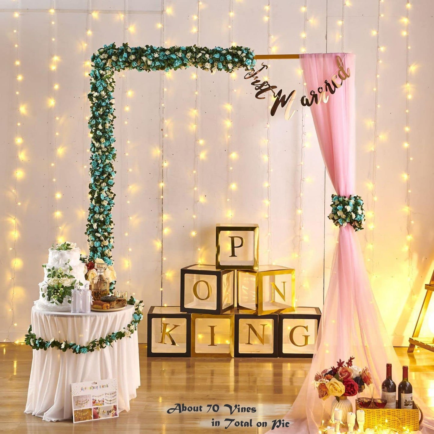 PONKING 8 Pcs x 8.2 ft Flower Garland Artificial Rose Vine Flowers with Green Leaves Hanging Fake Roses Vine for Room Party Home Wedding Birthday Christmas Wall Arch Decor, White Blue Flower