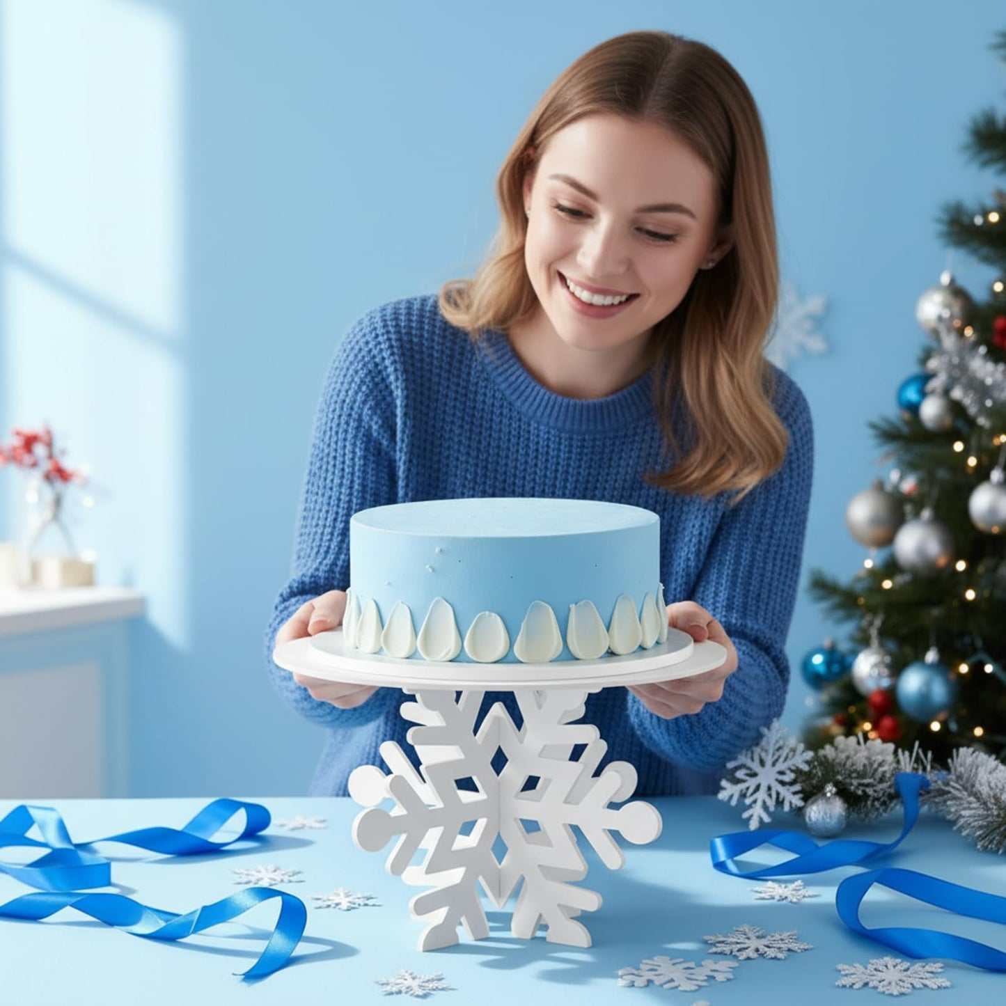 Lallisa 12" Snowflake Frozen Cake Stand White 3D Snowflake PVC Cake Decorations with Engraved Snow Themed Holder Winter Dessert Stand Centerpieces for Frozen Winter Birthday Party Supplies
