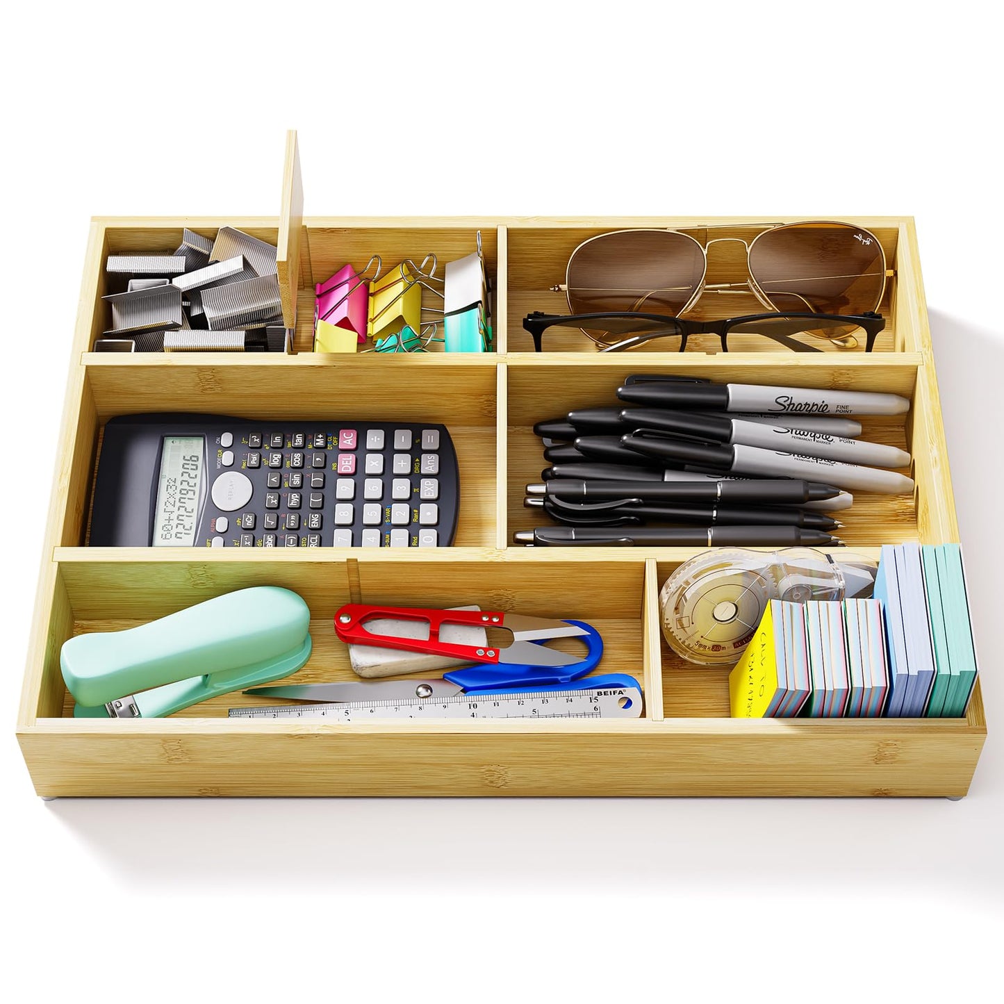 VA1KENE Bamboo Drawer Organizer with 9 Adjustable Compartments, Office Desk Organization Tray for Office Utensils, Supplies, Makeup, Jewelry, and More – Ideal for Desk or Drawer Storage