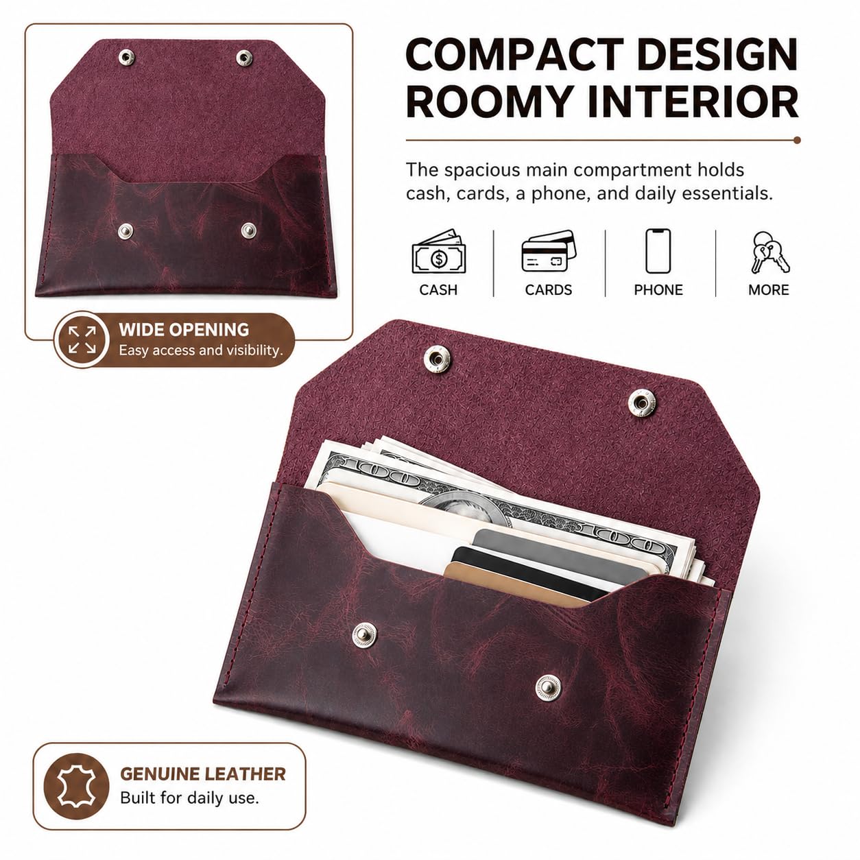 ZEMARS Genuine Leather Cash Envelope Wallet, Two Snap Money Pouch for Men and Women, Reusable Budget Envelope Wallet, Slim Organizer for Cash, Cards, Receipts, Checks and Keys (Burgundy)