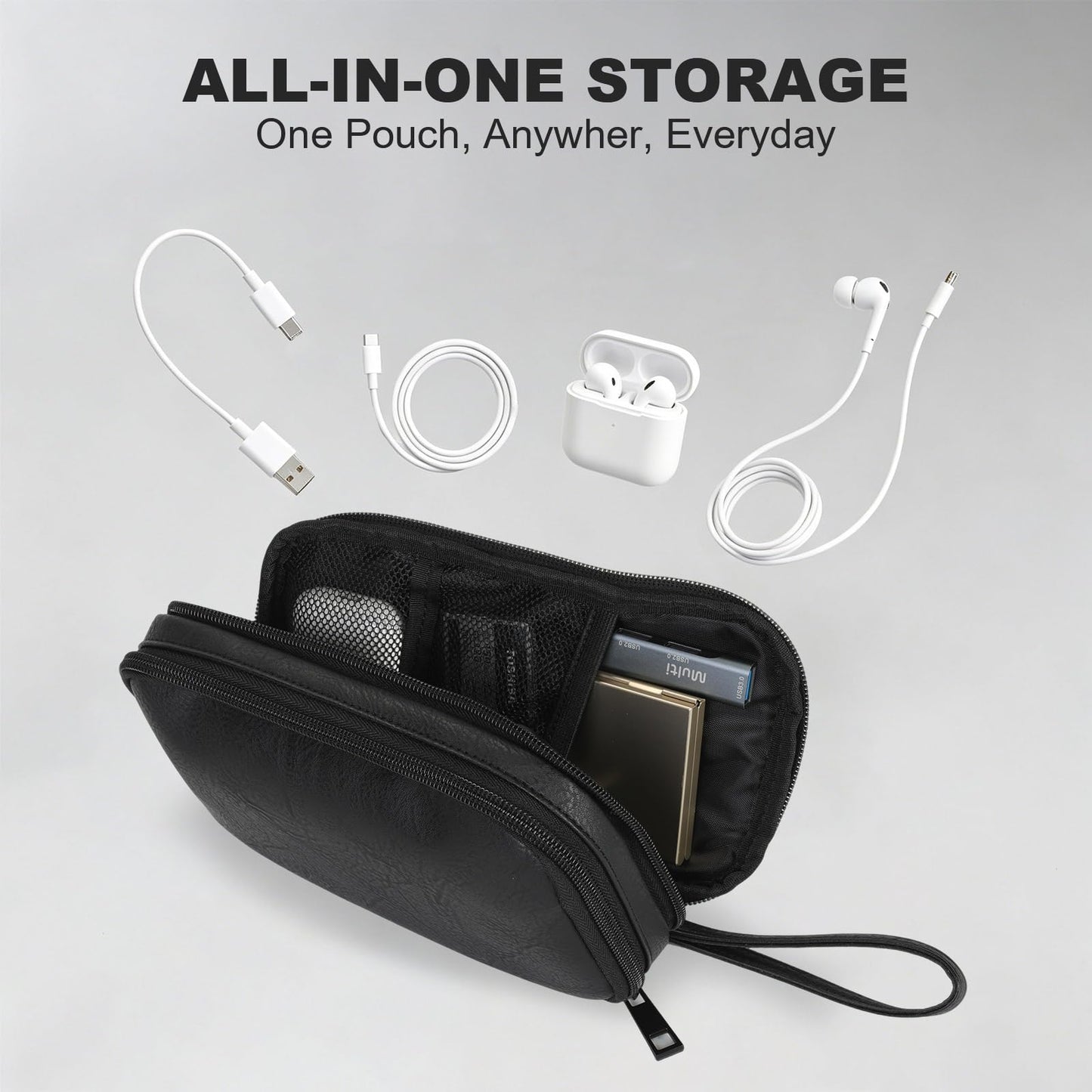Ezday Travel Cable Organizer Bag, Electronic Accessories Carry Pouch, Portable Waterproof Double Layers All-in-One Storage Bag for Cord, Charger, Phone, Earphone (Black, Small)