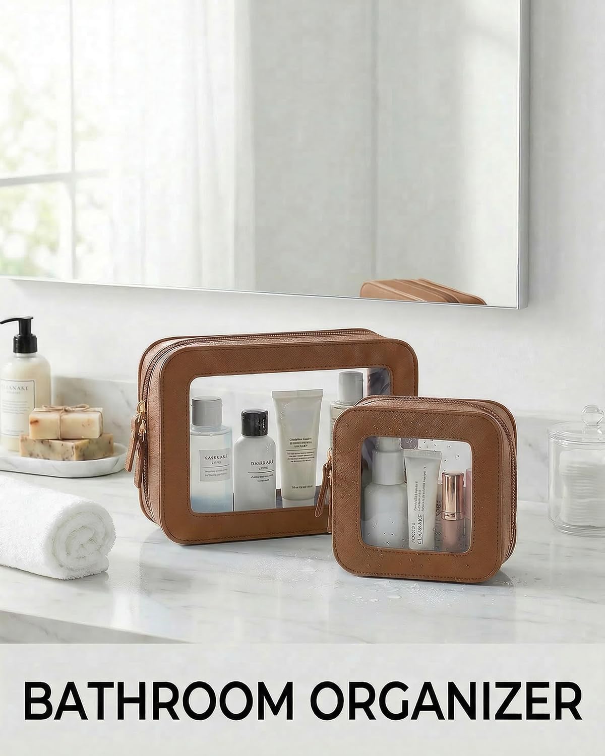 LETGO Clear Makeup Bag Organizer Set, Travel Toiletry Bag Cosmetic Case for Women, Portable Make up Skincare Pouch Car Organizer Bag with Zippers for Essentials (2Pack-Standard & Square, Brown)