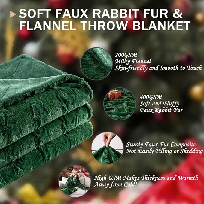 Krifey Oversized Faux Fur Blanket, Super Soft Cozy Blanket, Luxury Fluffy Throw Blanket Fuzzy Bed Throw, Plush for Women, Dark Green, 60" x 80"