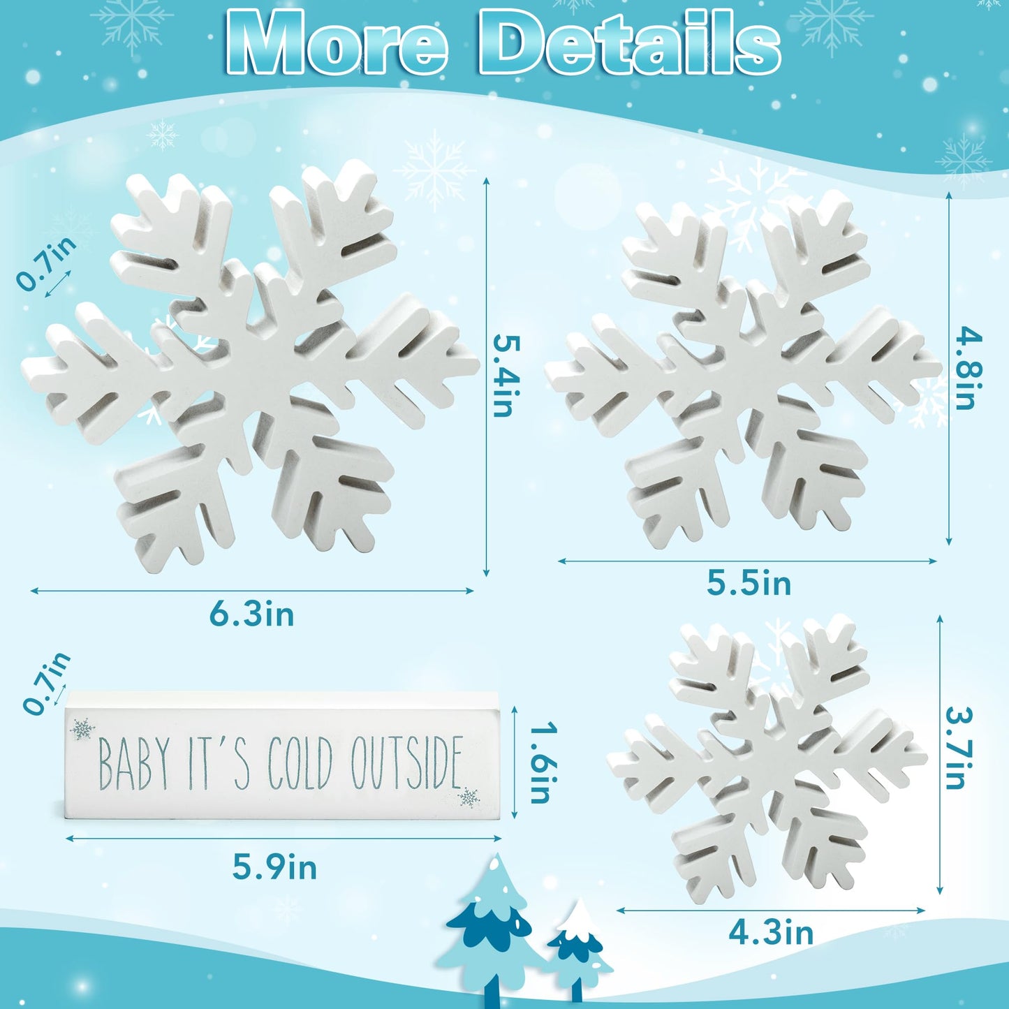 4 PCS Winter Wooden Snowflakes Decor - Christmas Snowflake Signs - Christmas Fireplace Decorations for Party - Tabletop Fireplace Decors