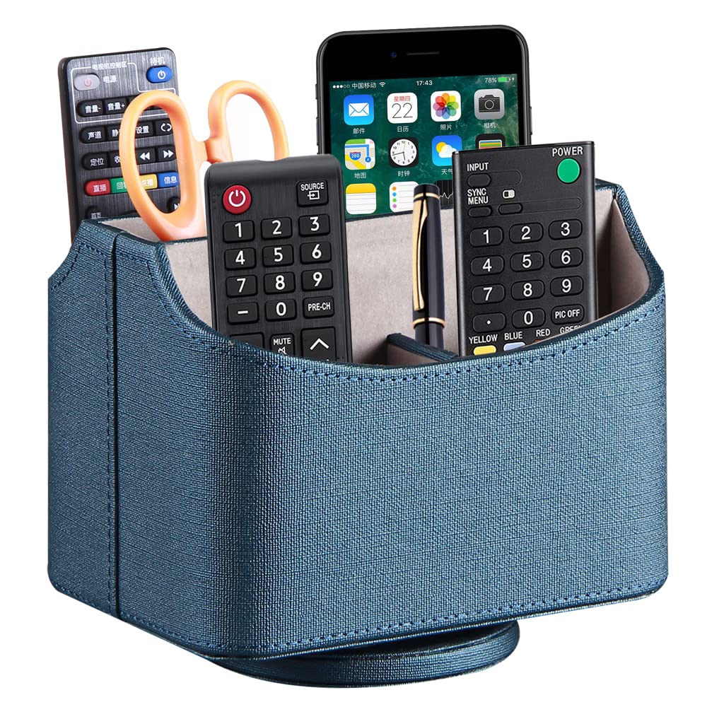 PUSU Remote Control Holder PU Leather 360 Degrees Rotatable Desktop Supply Organizer Storage Box for Controllers Media Stationery Nightstand TV Caddy E-reader iPad Phone Pen/Pencil Cosmetic