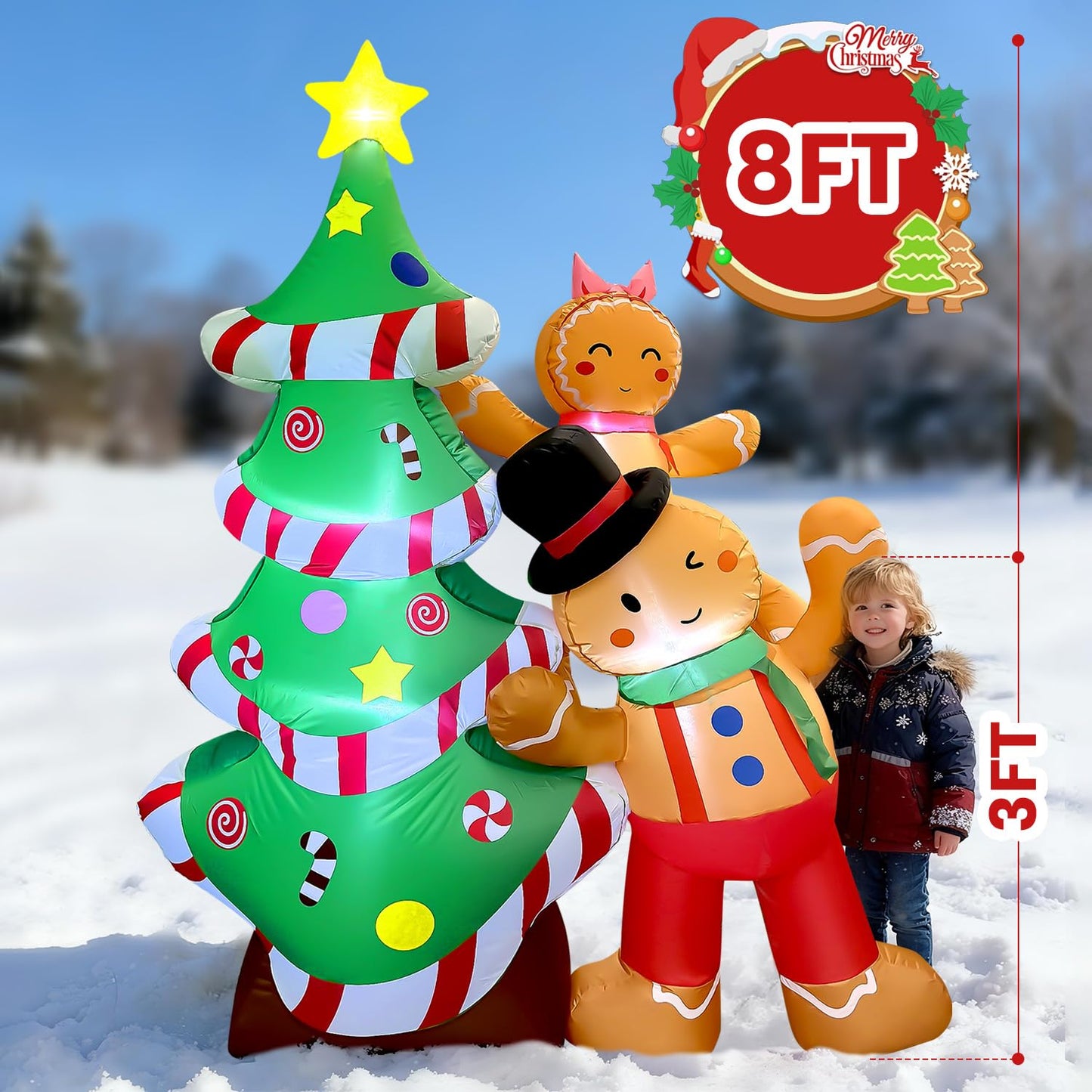 GVDV 8FT Inflatable Christmas Tree with Gingerbread Man Clearance,Giant Outdoor Christmas Inflatables Decoration with Bright LED Lights,Fast Blow Up Christmas Lawn Inflatables with Stakes & Sandbags