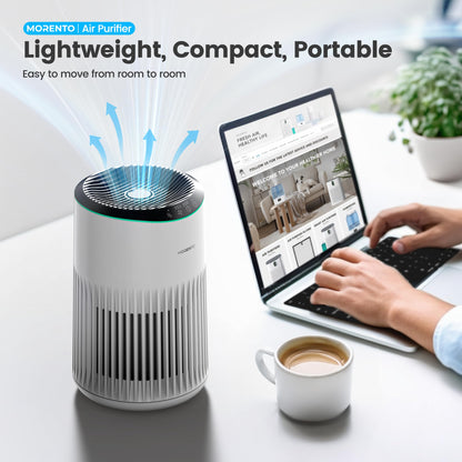 MORENTO Air Purifiers for Home, Air Purifier for Smoke Pet Dander Odors with Fragrance Sponge, Small Air Purifier with Sleep Mode for Bedroom Office, Blue Ambient Light, MR2566, White,1 Pack+3 Modes