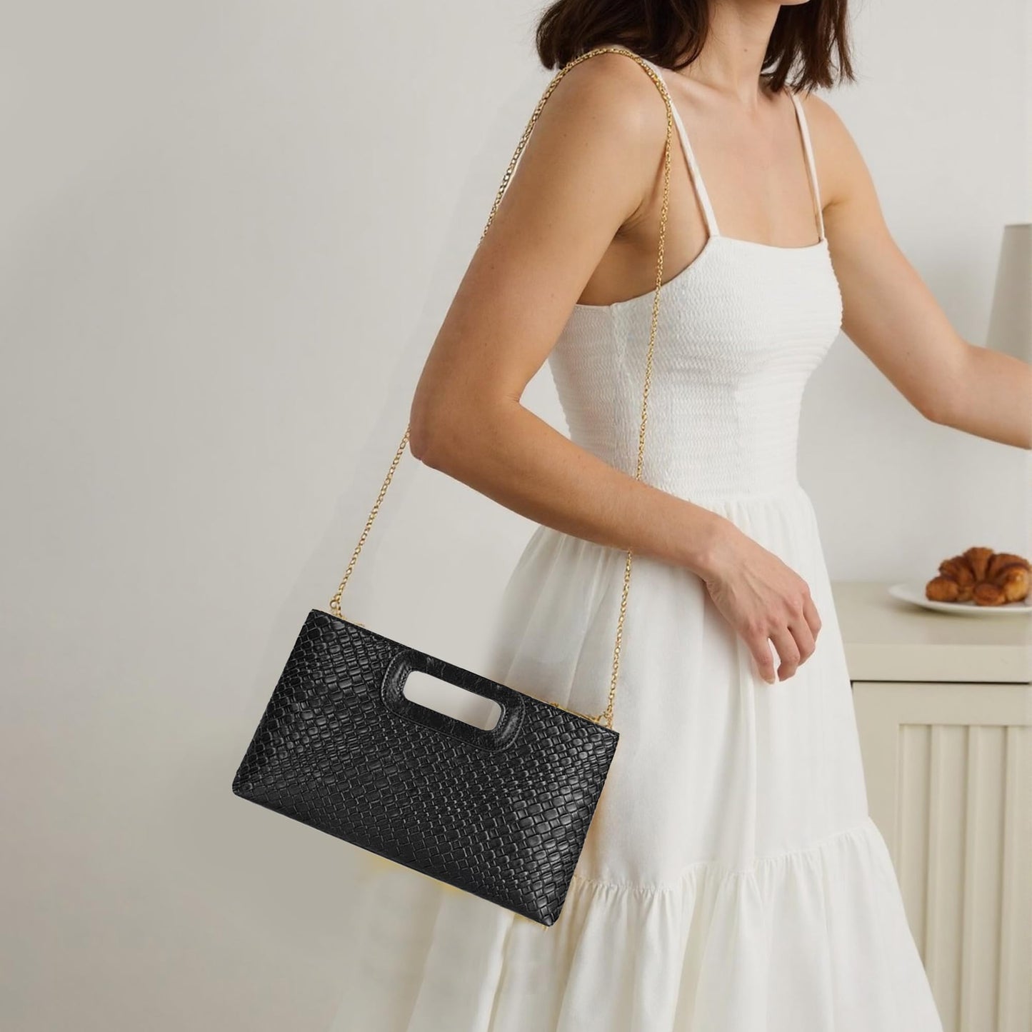 ATQCOL PU Leather Clutch Purses for Women Top Handle Evening Handbags Summer Wedding Party Crossbody Bag with Chain