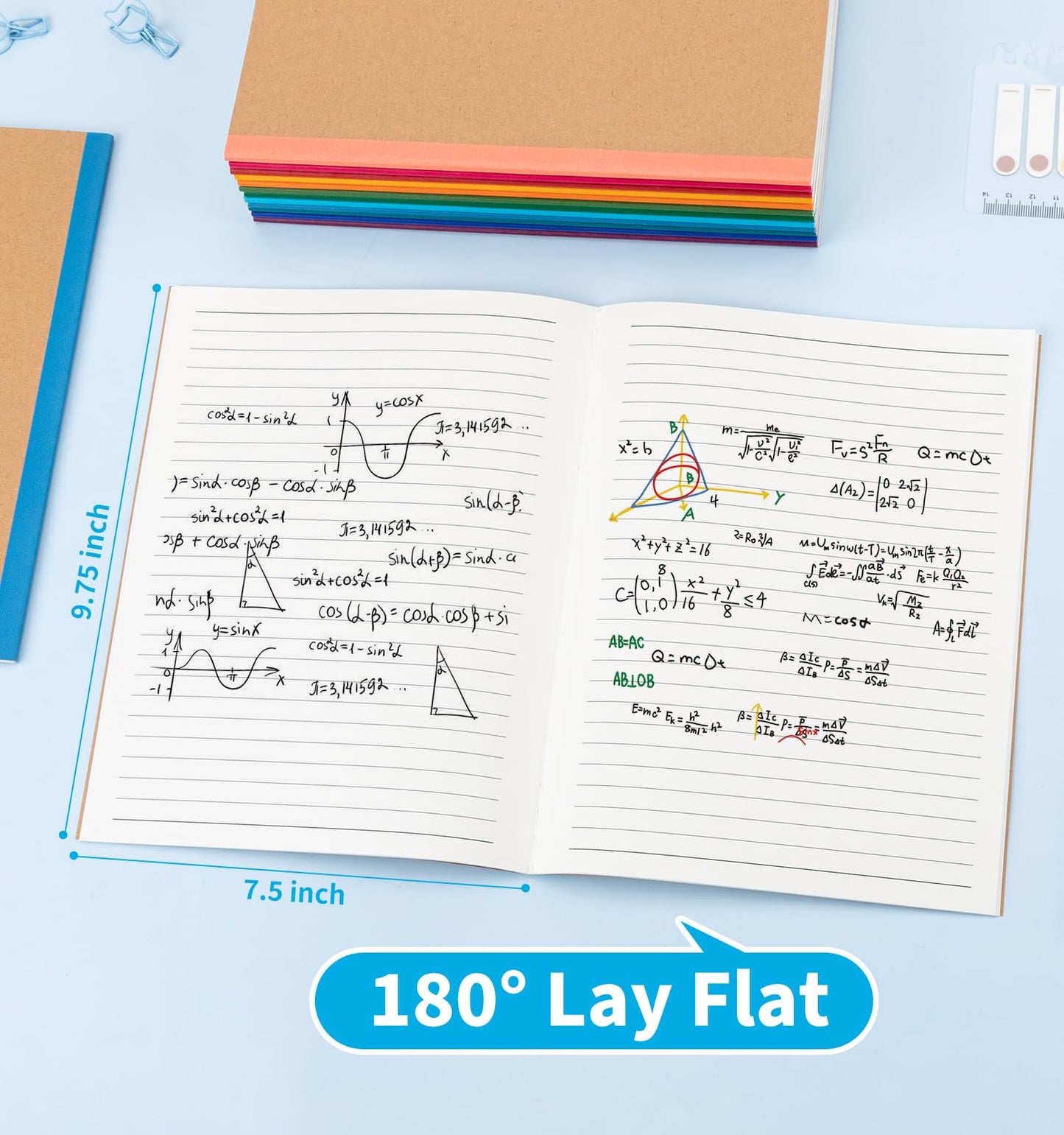 12 Pack Lined Notebook Journals Bulk, 7-1/2" x 9-3/4", Wide Ruled Paper, 30 Sheets/60 Pages, Kraft Cover with Rainbow Spines, 12 Colors Lined Composition Notebook Journal for Work Study Note Taking