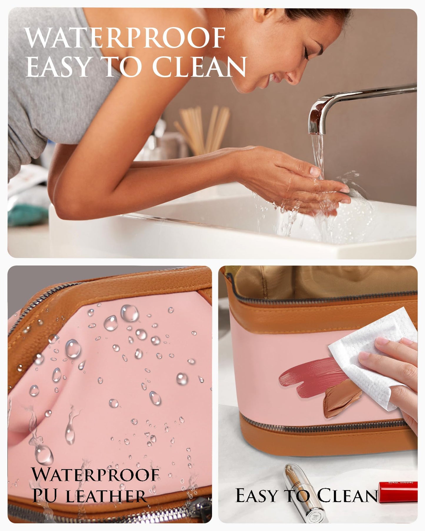 Lemuvlt Double-Layer Toiletry Bag, Water-Resistant Hybrid Leather Cosmetic Organizer with Wet/Dry Compartments, 26x15x16cm (Pink, Double layer)