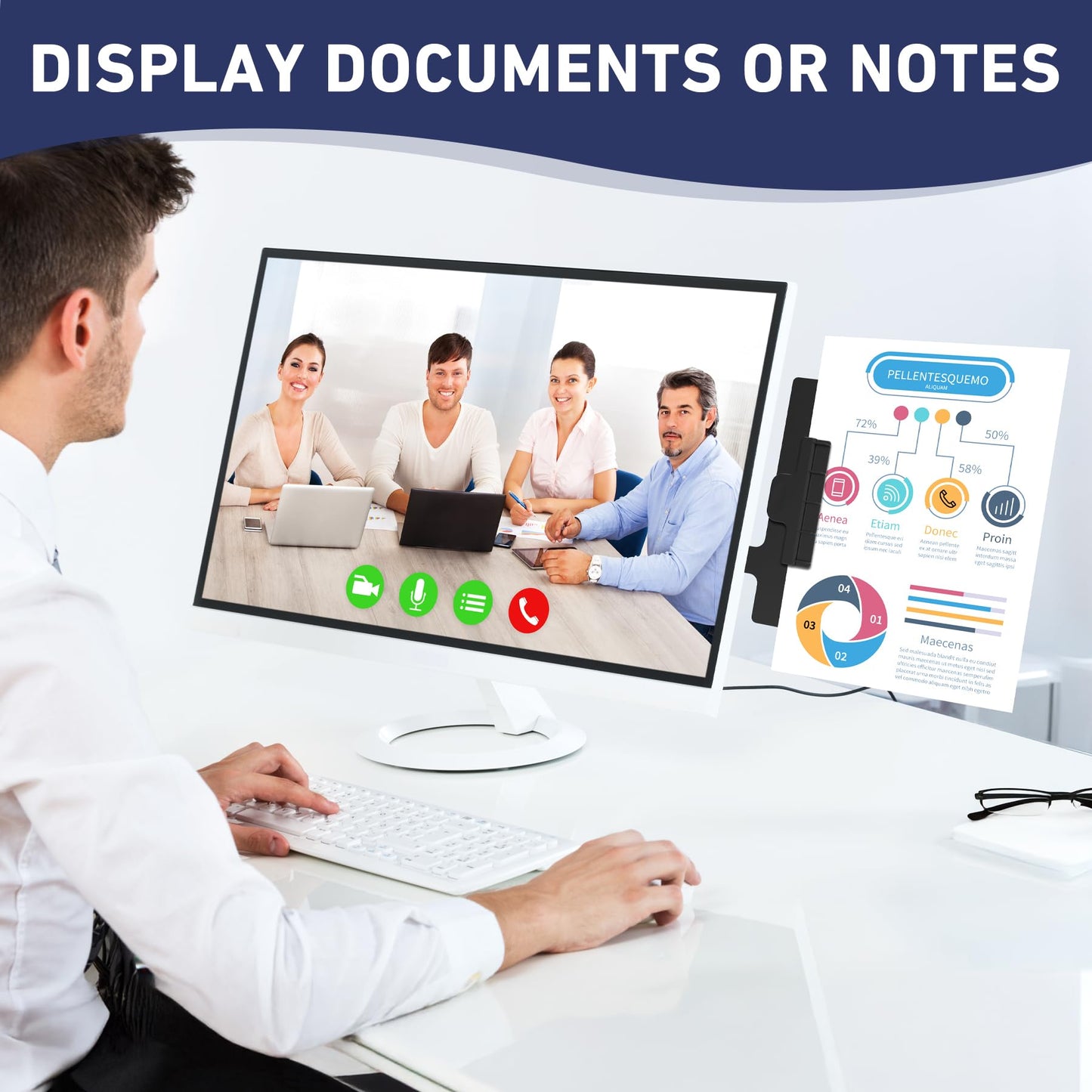 HAUTOCO Monitor Mount Document Clip, Document Holder for Typing Clips to Laptops & Monitors, Adjustable Removable Stand, Adhesive Mounts Left or Right, Holds Up to 20 Sheets for Recipes, Study, Office