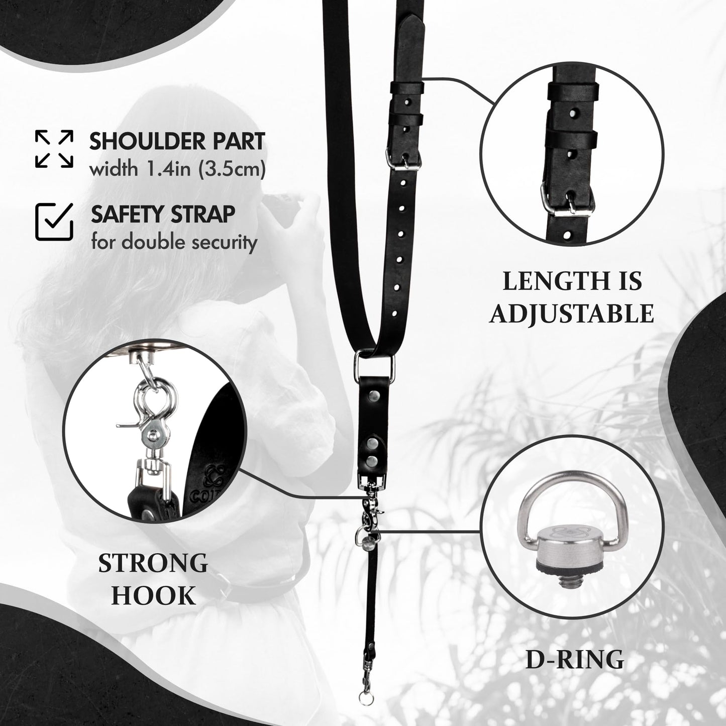 C Coiro Leather Camera Strap for One Camera - Professional Single Leather Harness Shoulder Strap Quick Release Gear DSLR/SLR, Camera Accessories for Photography, Black