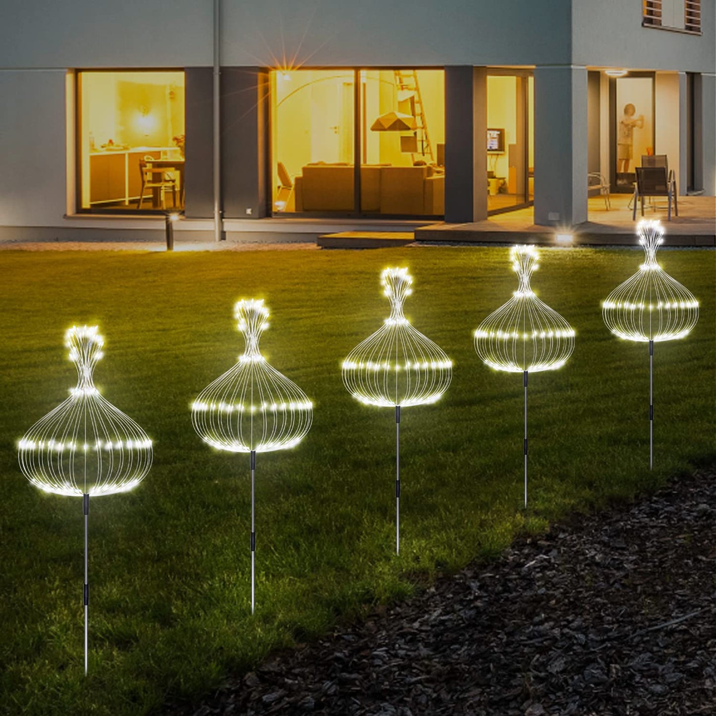 Maleyt Solar Garden Lights, Outdoor Firework Lights, 5 Pack 120 LED Decorative Stake with Remote, 8 Modes DIY Landscape Light Waterproof Lamps for Walkway Pathway Backyard Lawn (White)