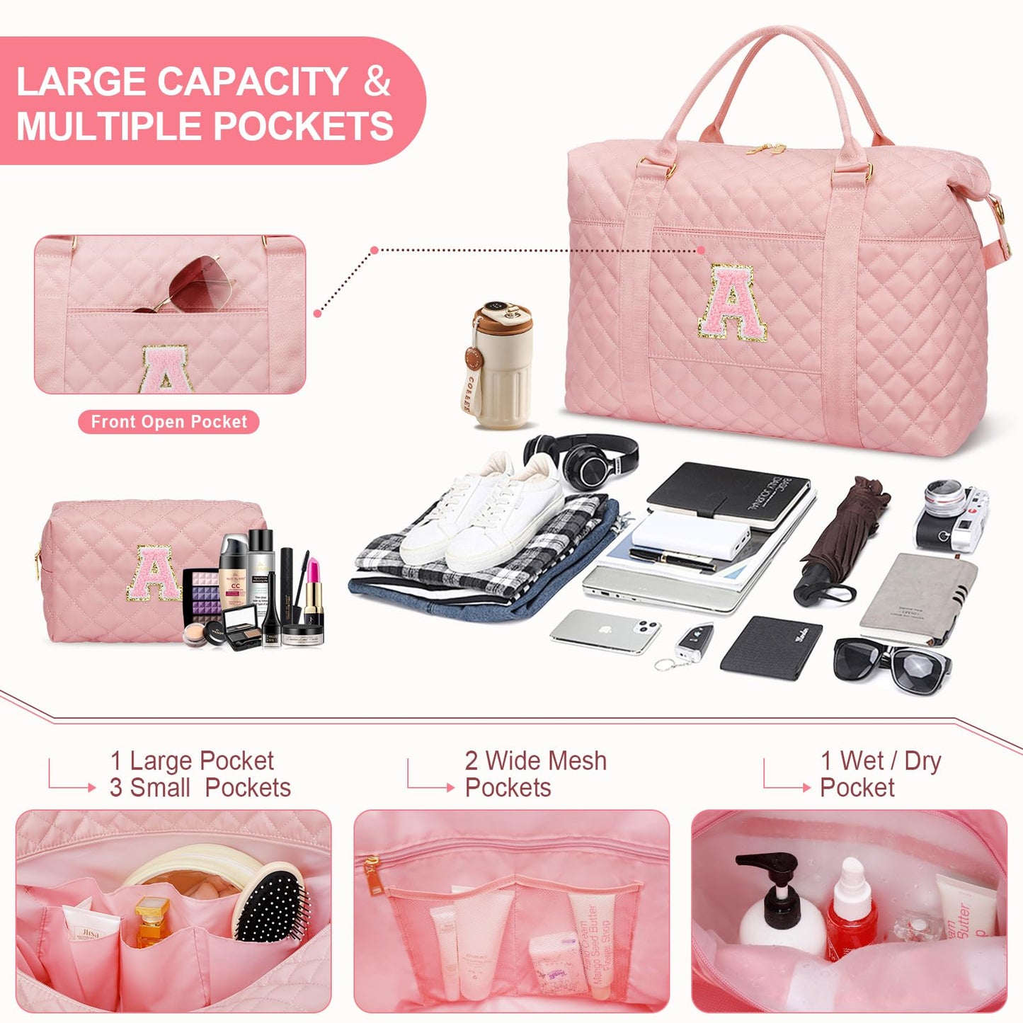 Gifts for Teen Girl, Initial Travel Duffle Bag, Personalized Women Weekender Overnight Bags, Gift for Daughter Kid Mom Friend College Girl Graduation Teacher（Pink,A)