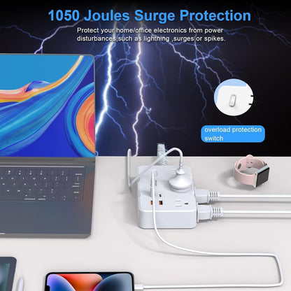 Flat Plug Power Strip Surge Protector, 5ft Ultra Thin Extension Cord with 4 USB Wall Charger(2 USB C Port), 6 Widely-Spaced Outlets Power Strip Compact for Travel, Office, Dorm Room Essentials (White)