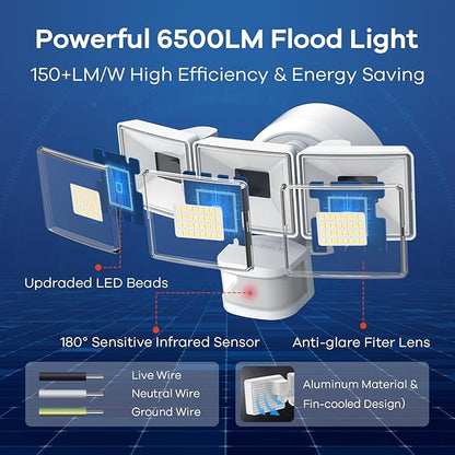 OREiN 6500LM/42W Flood Lights Outdoor, 180°/75FT Motion Sensor Outdoor Lights 4 Modes Dimmable Dusk to Dawn Floodlights IP65 Waterproof for 6000SQ.FT Area for Big Patio, Driveway, White (Hardwired)