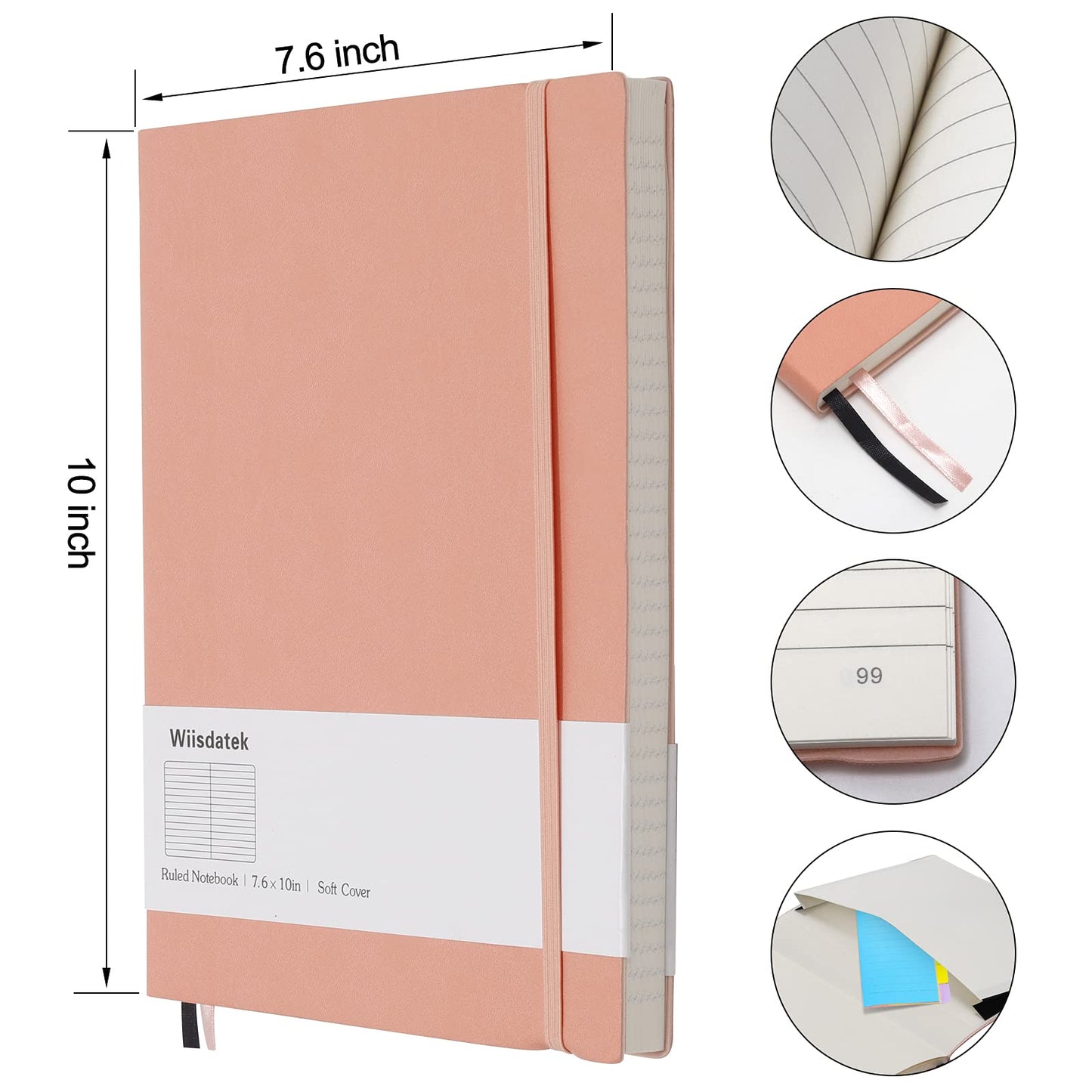 Wiisdatek B5 College Ruled Notebooks - 2 Pack B5 Large Journal Notebooks with 376 Numbered Pages,100gsm Thick Lined Paper,Soft PU Leather Cover,7.6 X 10 inch(PINK)