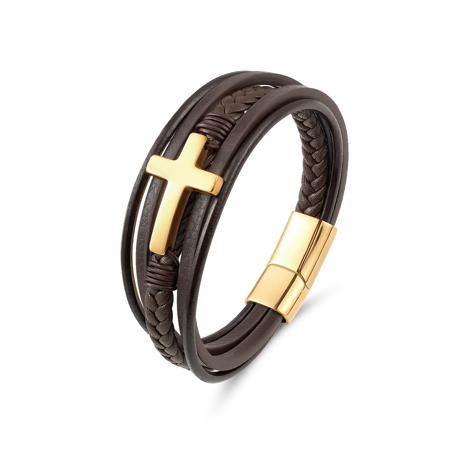 Mrcaois Mens Gold & Brown Leather Bracelet, Charm Cross Wristband - Stylish Fashion Jewelry for Men, Birthday - 8.3 Inch