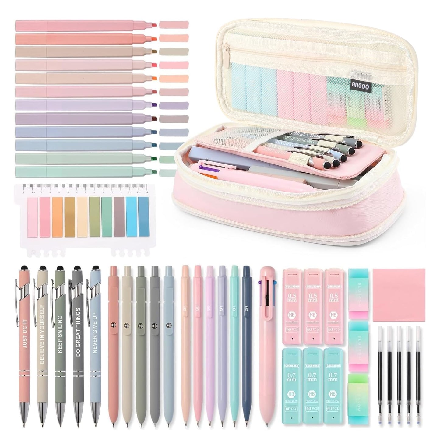 56 PCS Aesthetic School Supplies with Large Pencil Case, 5 Inspirational Ballpoint Pens, 12 Pastel Highlighters, 5 Black Ink Gel Pens, 6 Mechanical Pencils 0.5-0.7mm College Student Essentials (Pink)