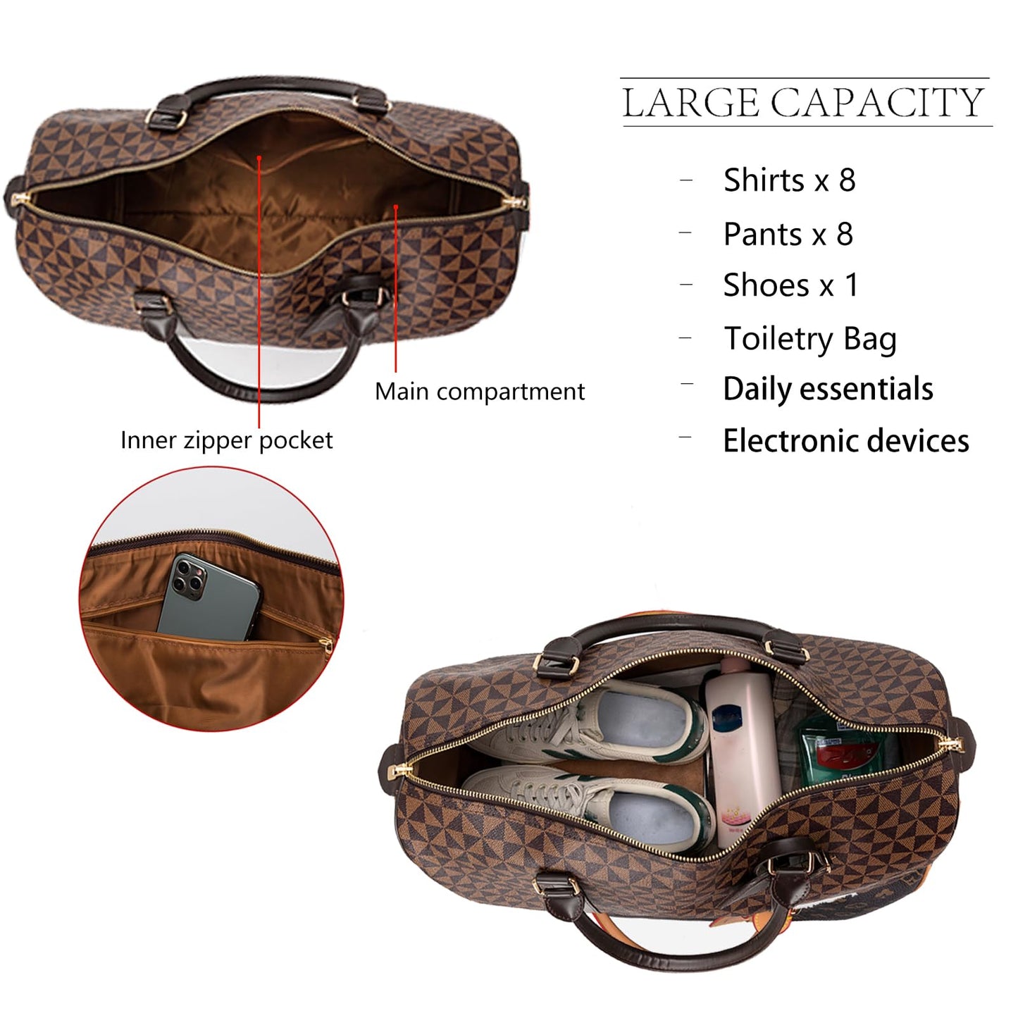 Large capacity Lightweight Weekender Travel Duffel Bag for Women Men Overnight Bag with Toiletry Bag Traveling Handbag for Gym Holiday (White)