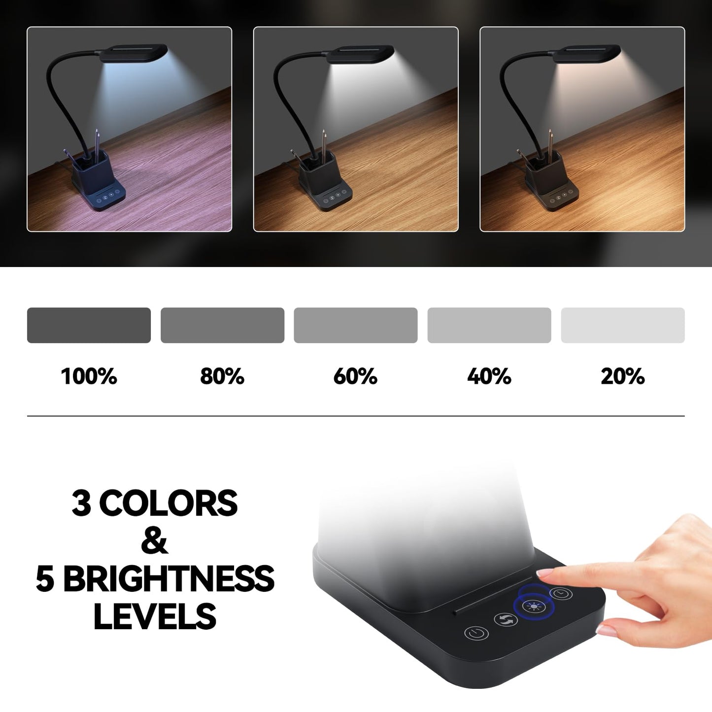 AXX LED Desk Lamp with USB Charging Port, Study Table Light for Home Office Bedrooms, Black, Flexible Gooseneck, Small, 650LM, Pen Holder, Timer Settings, School Essentials for College Dorm Room