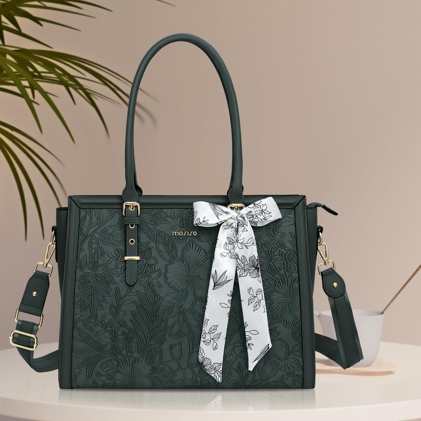 MOSISO Laptop Bag for Women, 15.6-16 inch PU Leather Tote Bag Compatible with MacBook, HP, Dell, Asus Notebook, Front Embossed Retro Hibiscus Computer Bags with Silk Scarf&Clutch Purse, Emerald Green