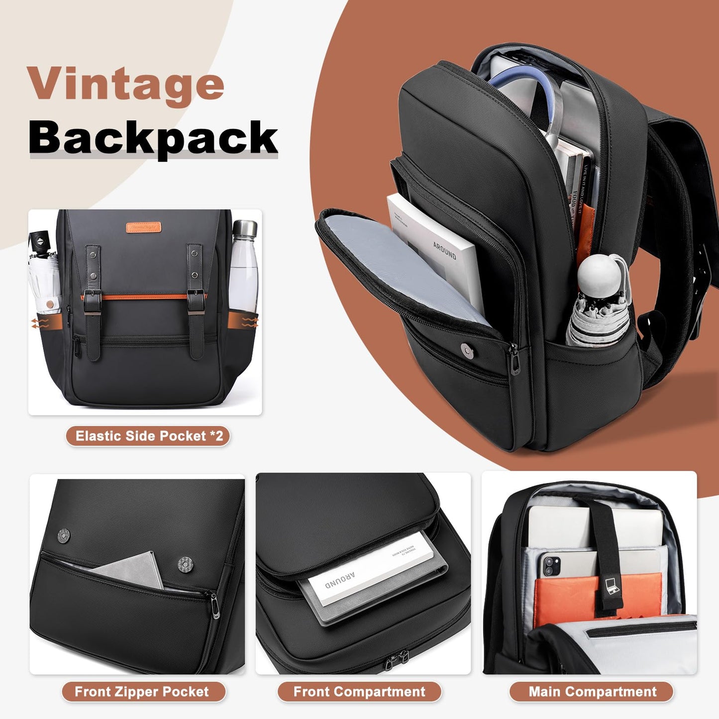 Slim Laptop Backpack for Men & Women, 15.6 Inch Lightweight Computer Backpack with Magnetic Flap, Keychain, Casual Daypack College Bookbag Water-Resistant Travel Work Commuter Backpack, Black