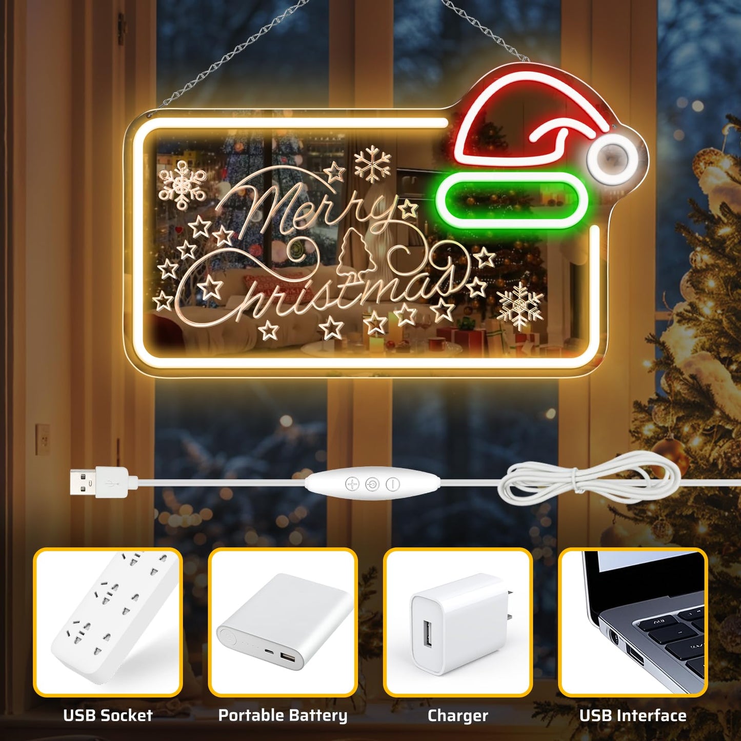 16.5 x 10’’ Mirror Merry Christmas Neon Sign, Carving LED Sign with Santa Hat, USB Powered Dimmable Switch for Xmas Party Kids Bedroom Bar Pub Club-Christmas Gift Decorations