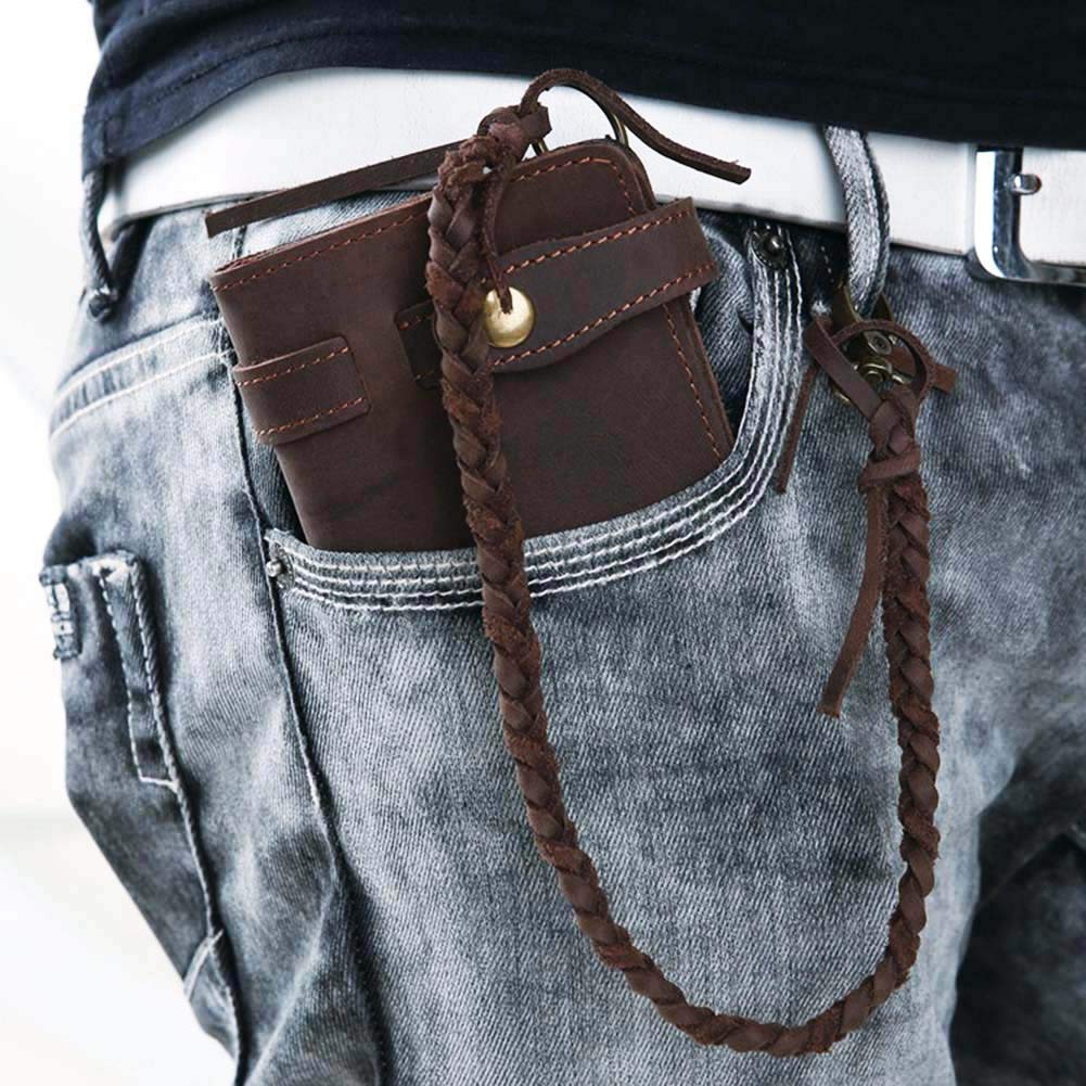 Le'aokuu Mens Genuine Leather Bifold Wallet Organizer Checkbook Removable Chain Wallet