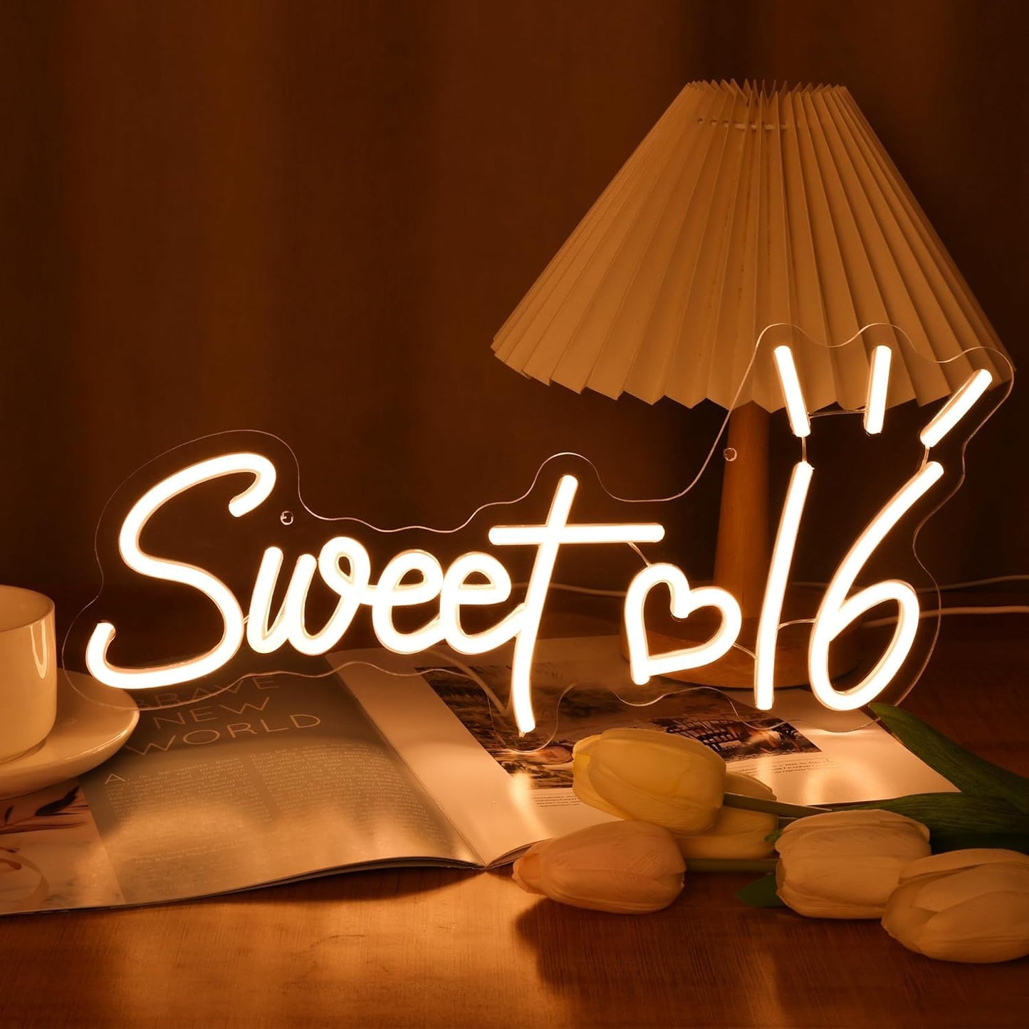 Sweet 16 Neon Sign, Cute Dimmable Light Up USB Powered LED 16th Birthday Party Neon Sign Light Hanging for Wall Decor Bedroom Sister Daughter Girl's Sixteen Party Decorations Gift (Warm White)