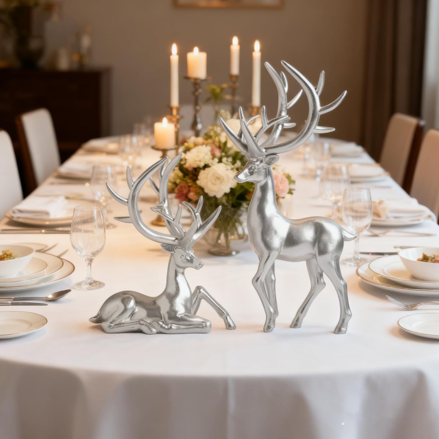 Zensounding 2PCS Christmas Reindeer Resin Sculptures Deer Ornaments Reindeer Statues Light Luxury Casual Shape Suitable for Indoor or Outdoor Country Style Christmas Home Decoration (Silver)
