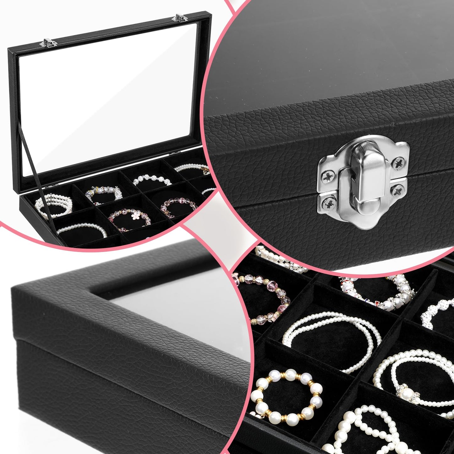 12 Grid Stackable Bracelet Holder Organizer Box for Drawer Tray, Velvet Jewelry Organizer Box Bracelet Display Jewelry Trays with Transparent Glass Lid Bangle Necklace Ring Holder Case for Selling