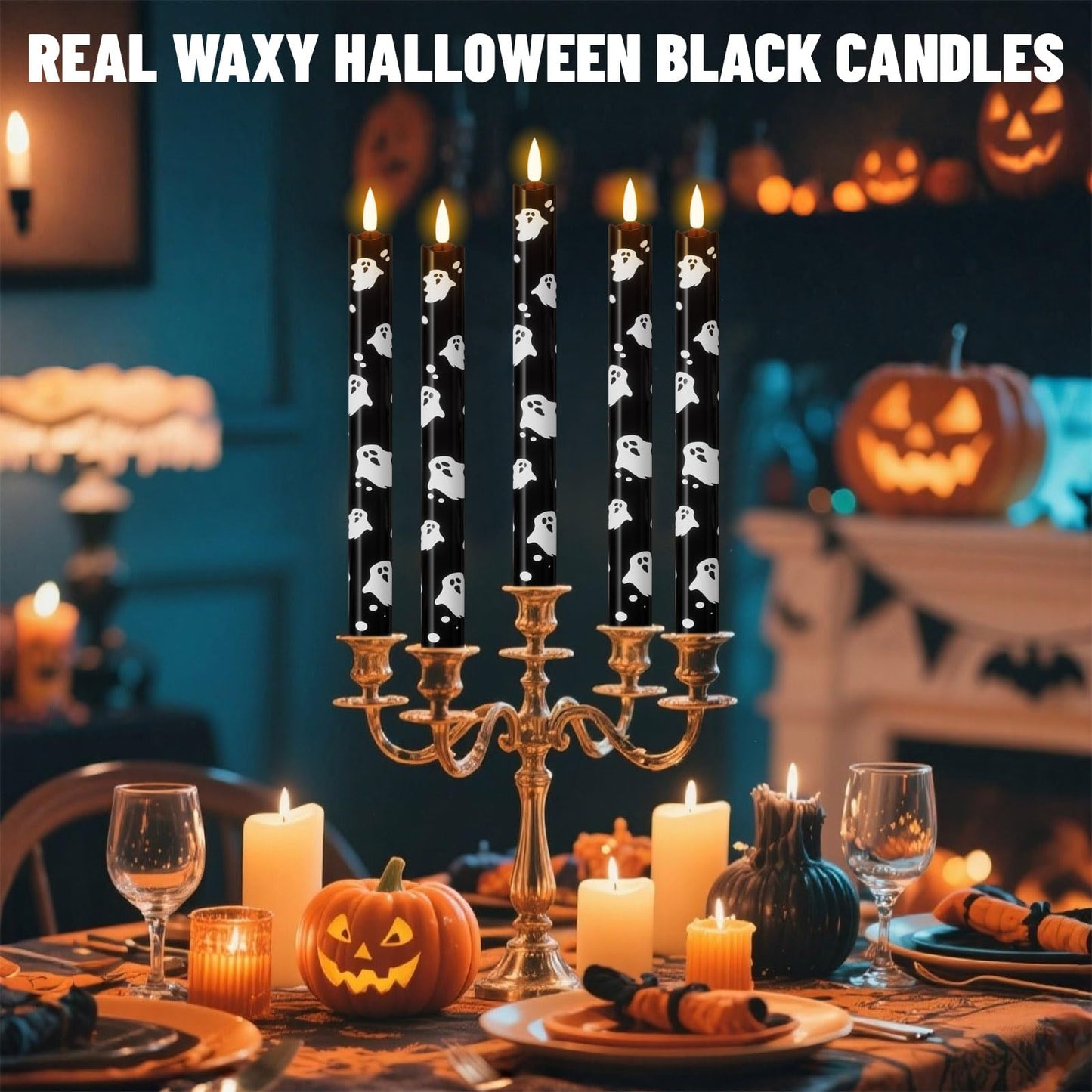 Wondise Black Halloween Flameless Taper Candles with Remote & Timer, Halloween Battery Operated Ghost Candles Waxy with 3D Wick Flickering for Halloween Decorations