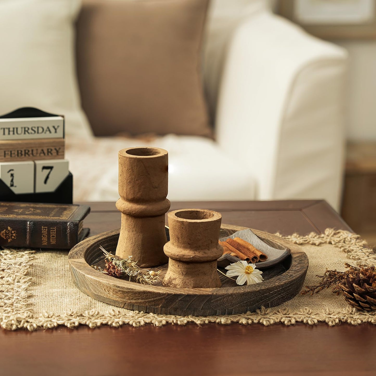 Romadedi Farmhouse Wooden Candle Tray - 11 Inch Round Decorative Trays for Coffee Table Dining Centerpiece Kitchen Counter Candle Holder Wood Trays for Christmas Rustic Home Decor