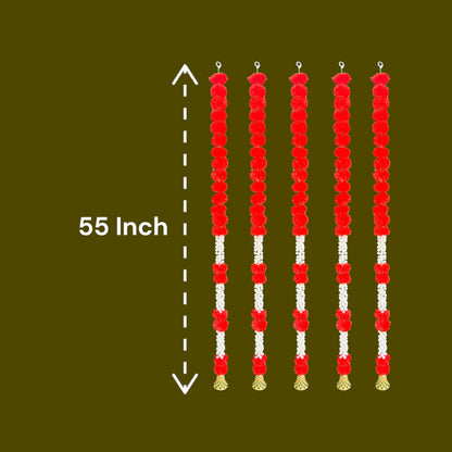 Rajasthan Kraft Pack of 5, Artificial Red Marigold Garland with Jasmine & Bell, 55 Inch Decorative Flower Strings for Home, Diwali, Pooja, Housewarming, Festival & Christmas Decor