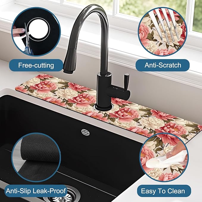 Beautiful Peony Sink Faucet Absorbing Mat Bright Peonies Super Absorbent Fast